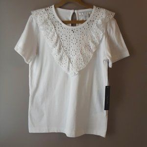 Tahari Women's White Eyelet Ruffle Short Sleeve T-shirt | New! XS